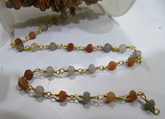 Multi Color Moonstone Rondelle Faceted 3-4mm Beaded Rosary Wire Wrapped Aati Chain Wholesale Prices gemstone Handmade chain sold per Foot