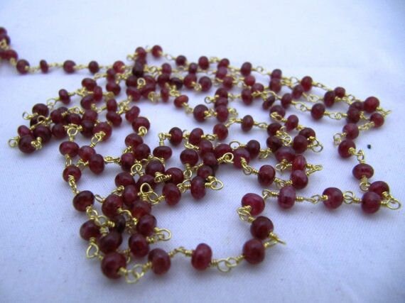 3- Feet Smooth Dyed Ruby Rondelle Size 4-5mm wire wrapped Aati Beaded Rosary Chain Wholesale Prices Jewelry Making Gemstone chain