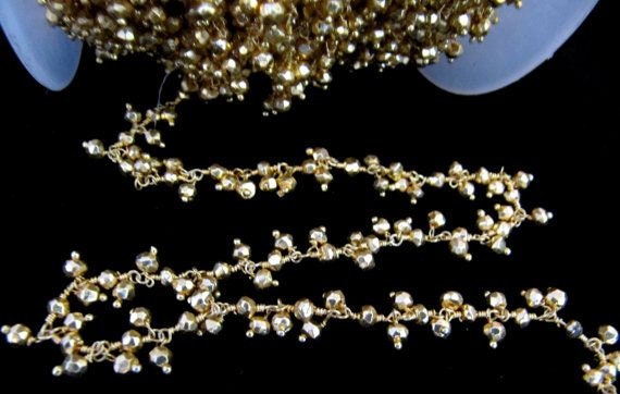 Natural Pyrite Golden Coated Rondelle Faceted 3-4mm Size Wire Wrapped Cluster Dangling Beaded Chain Wholesale Prices Pyrite Sold per foot