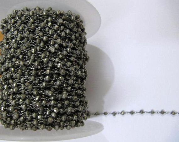 Natural Pyrite Roundelle Faceted 3-4mm Beaded Wire Wrapped Rosary Aati Chain Wholesale Price Jewelry making chain sold per foot