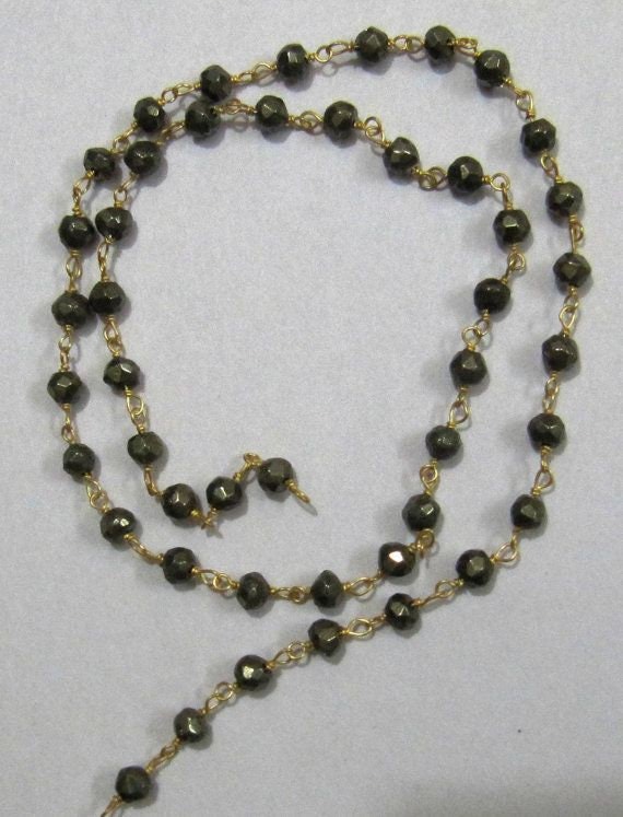 Natural Pyrite Roundelle Faceted 3-4mm Beaded Wire Wrapped Rosary Aati Chain Wholesale Price Jewelry making chain sold per foot