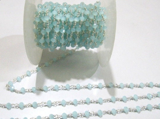 3- Feet Aqua Chalcedony Rondelle Faceted Size 3-4mm Hydro Quartz Beaded Wire Wrapped Rosary Chain Wholesale Prices Jewelry Making chain
