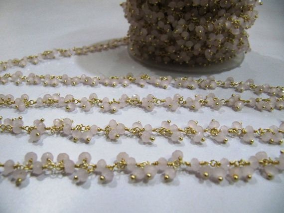 Rose Quartz Dangling Chain Rondelle Faceted Beaded Cluster Chain 3mm Size Hydro Quartz Bead Chain Wholesale Price gemstone sold per foot