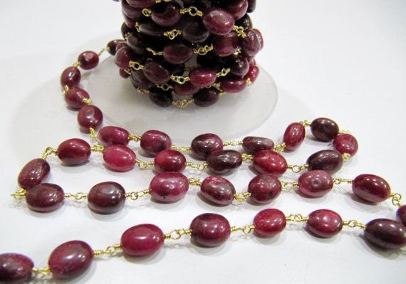 Natural Ruby Rosary Chain, Smooth Oval Beads 8mm to 12mm, Corundum Ruby Beaded Chain Sold Per Foot High Quality Wholesale Prices
