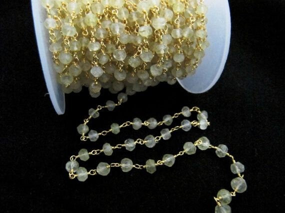 Natural Lemon Quartz Beaded Rosary Chain, Lemon Color 3 to 5mm Rondelle Faceted Rosary Bead Chain Wholesale Prices sold per foot