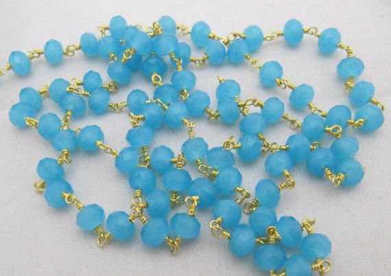 3 Foot-Natural Aqua Blue Chalcedony Rondelle Faceted wire wrapped Aati 6mm Hydro quartz beaded Rosary chain High Quality Wholesale Price