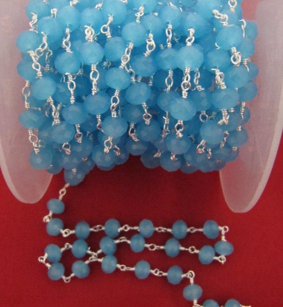 3 Foot-Natural Aqua Blue Chalcedony Rondelle Faceted wire wrapped Aati 6mm Hydro quartz beaded Rosary chain High Quality Wholesale Price