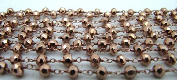 3 Feet-Copper Pyrite 3-4mm Size Rondelle Faceted Beaded Rosary Wire Wrapped Aati Beaded chain Wholesale Price Jewelry Making Pyrite Chain