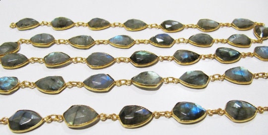 Natural Labradorite Fancy Shape Briolette faceted Bezel Connector Chain 10 to 15mm Gold/Silver/Black/Rose Gold Plated Sold Per Foot