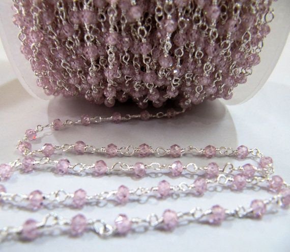 Pink CZ Rosary Chain Rondelle Faceted Beaded 3mm Size Cubic Zirconia Beads chain Jewelry Making Chain sold per foot