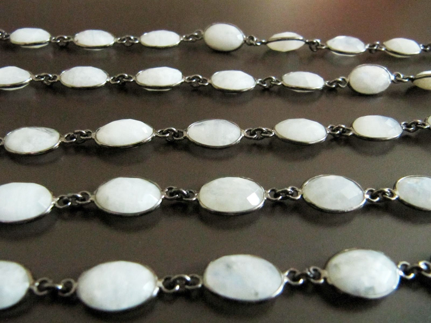 1 Foot-Natural White Rainbow Moonstone Oval Cabochan Shape Briolette Faceted Bezel Connector Chain 9x13mm Gold/Black/Silver/Rose Plated