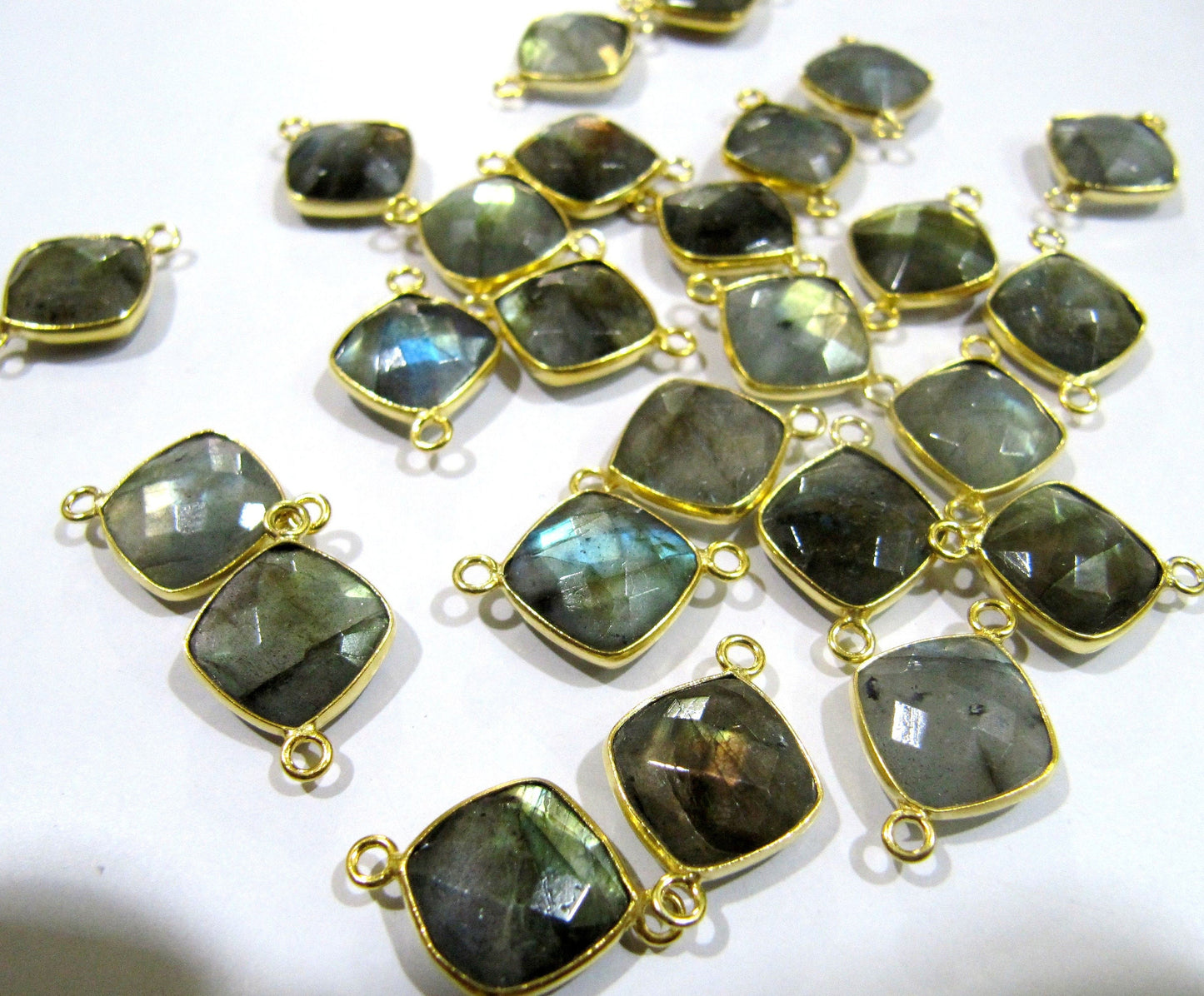 Natural Labradorite Cushion Shape 11mm Briolette Connectors Gray Stone Double Loop Bezel Jewelry Making Bezel Connectors sold per piece