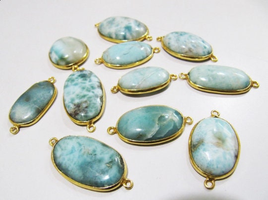 Natural Larimar Oval Shape 13*17mm Plain Smooth Bezel Connectors Larimar Stone Double Loop Cabochon Jewelry Making Charms sold per piece