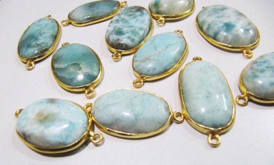 Natural Larimar Oval Shape 13*17mm Plain Smooth Bezel Connectors Larimar Stone Double Loop Cabochon Jewelry Making Charms sold per piece
