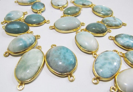 Natural Larimar Oval Shape 13*17mm Plain Smooth Bezel Connectors Larimar Stone Double Loop Cabochon Jewelry Making Charms sold per piece