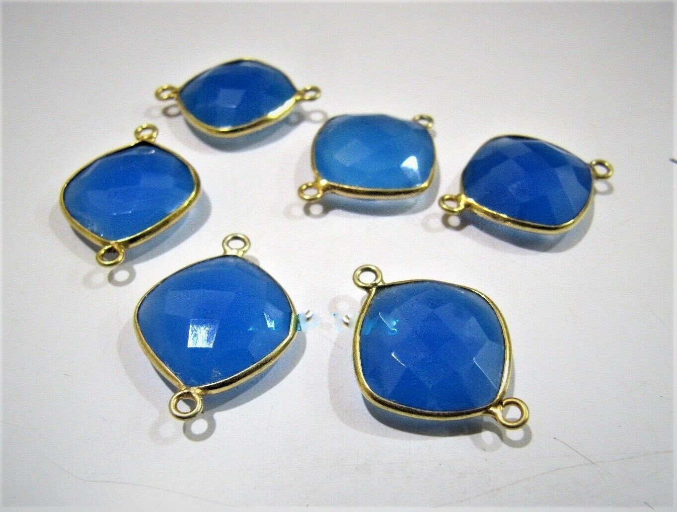 2 Pcs Set Blue Chalcedony Cushion Shape Briolette Connector Stone Double Loop Bezel Size 15mmJewelry Making Bezel Connectors