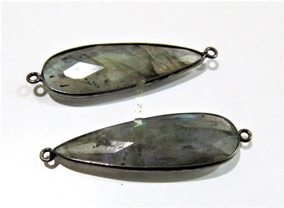 4 Pcs Set Natural Labradorite Long Pear Shape 10x28 to 12x30mm Briolette Connectors Gray Stone Double Loop Bezel Jewelry Making Connectors