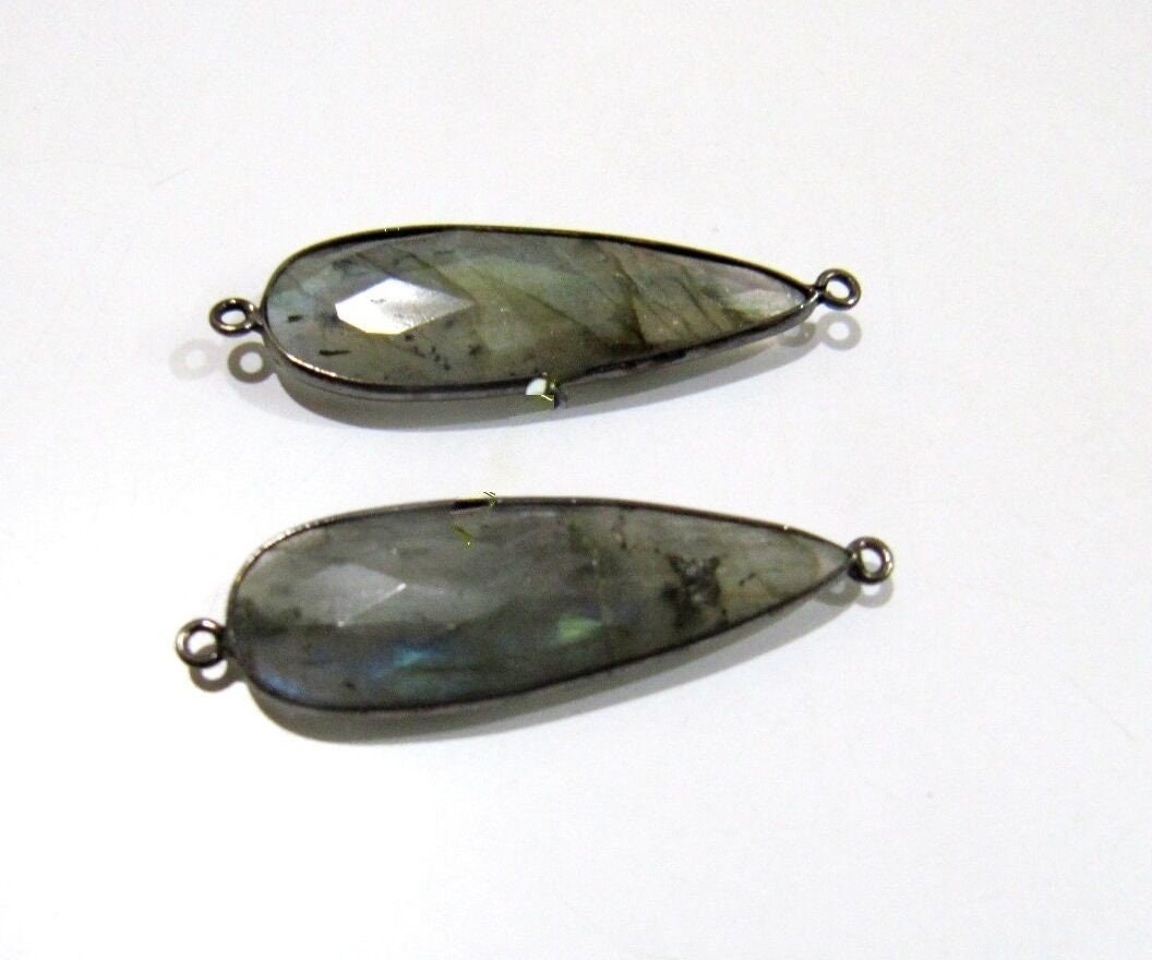 4 Pcs Set Natural Labradorite Long Pear Shape 10x28 to 12x30mm Briolette Connectors Gray Stone Double Loop Bezel Jewelry Making Connectors