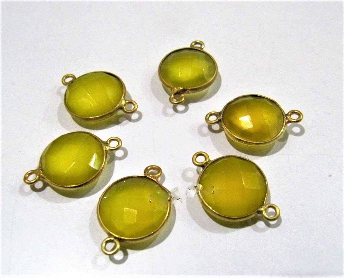2 Pcs Set Yellow Chalcedony Briolette Connector Round Coin Shape Bezels 12MM Size Double Loop Bezel