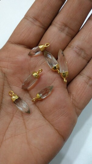 2Pc.- Natural Rock Crystal Quartz Tiny Bullet Charm Pointer Pendant Single Loop Connector Charm Electroplated approximately 0.5 inch long