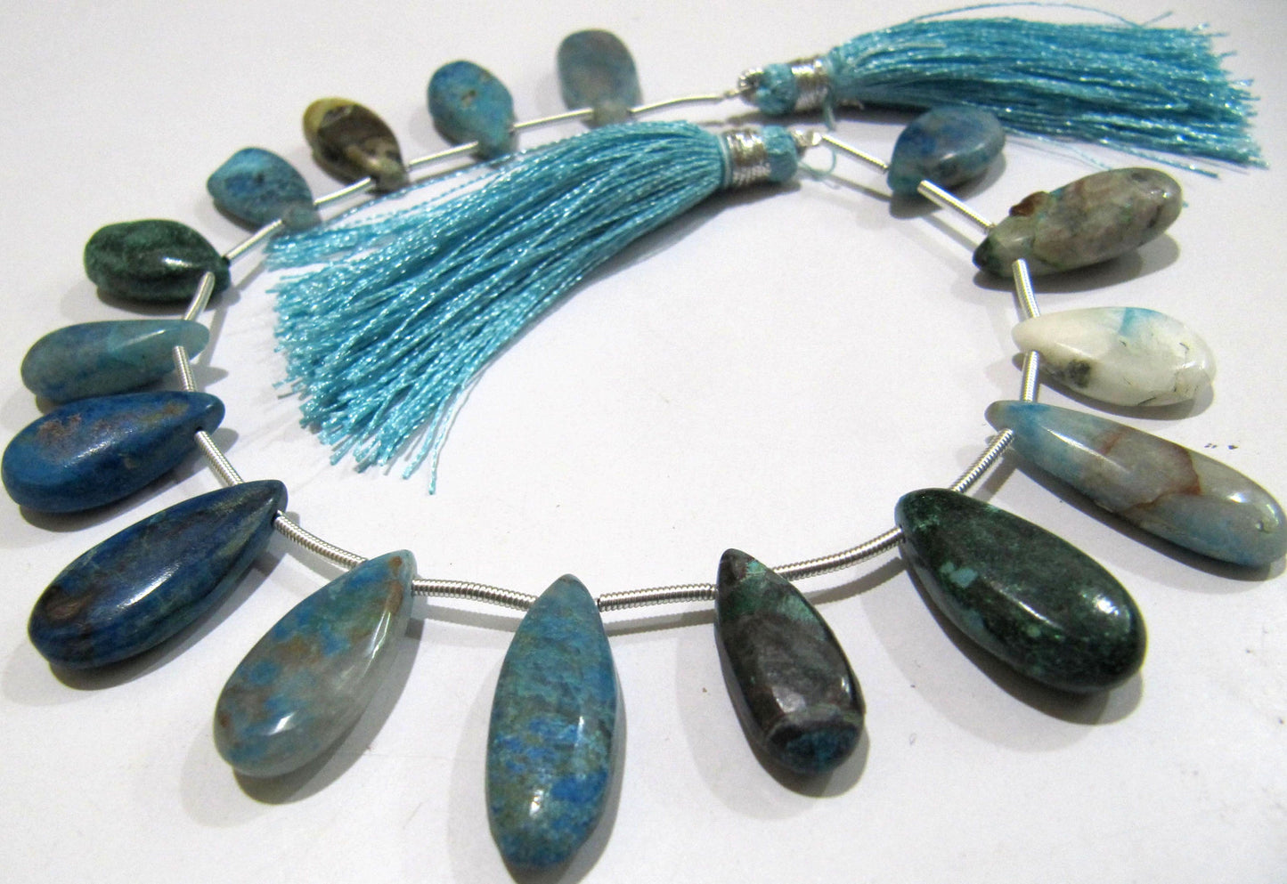 Natural Blue Chrysocolla Pear Shape Plain Smooth Briolette 8x12mm To 9x14mm Graduated Jewelry Making Beads Strand 8 Inches Long