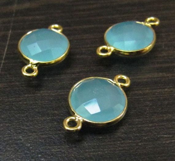 5 Pc Set-: Aqua Chalcedony Coin Shape Connectors Double Loop 10 mm to 11 mm, Briolette Bezel 24Kt Gold Plated Wholesale Price