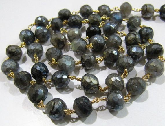 Natural Labradorite Mystic Coated Faceted Round Beads Chain Wire Wrapped 8mm Rosary Chain-Sold per Foot Wholesale Price Jewelry Making chain