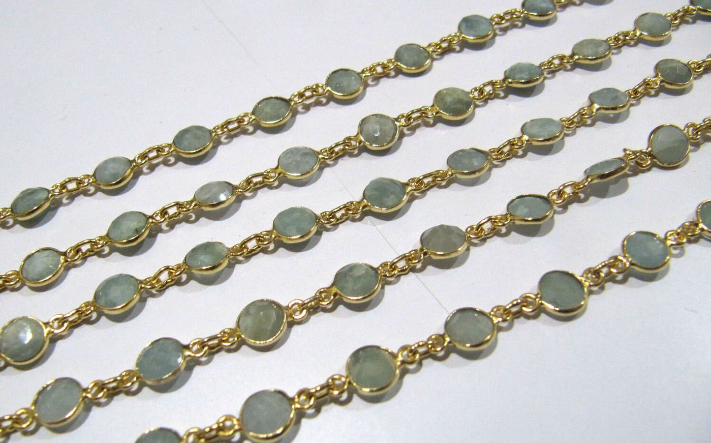 1 Foot- Natural Aquamarine Round Coin Shape Briolette Bezel Connector Chain 5-6mm Size Blue Gemstone bezel Chain Wholesale Prices