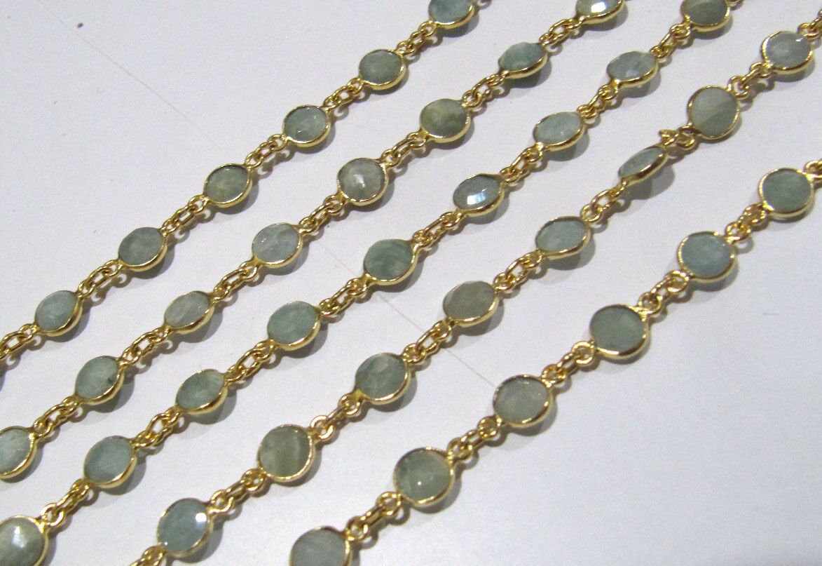 1 Foot- Natural Aquamarine Round Coin Shape Briolette Bezel Connector Chain 5-6mm Size Blue Gemstone bezel Chain Wholesale Prices