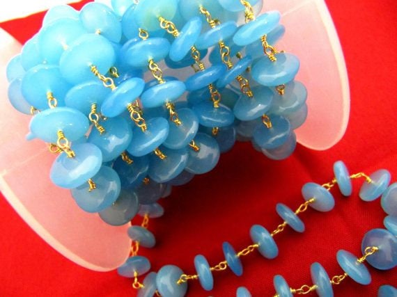 Natural Aqua Blue Chalcedony Smooth German Cut Rondelle wire wrapped beaded Rosary chain Sold Per Foot High Quality Wholesale Price