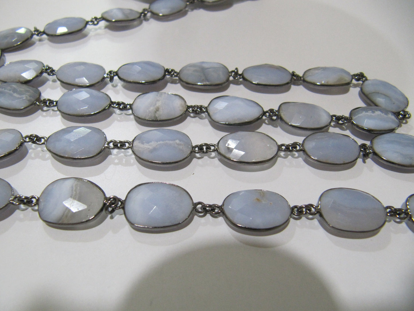 Natural Blue Lace Agate Uneven Shape Bezel Connector Chain 12 to 15mm Size Chain Gold/Silver/Black/Rose plated sold per foot