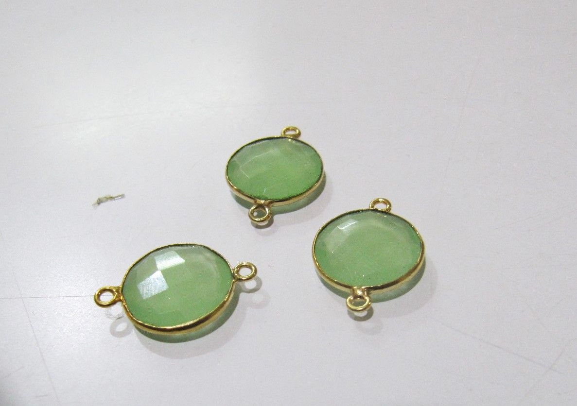 5 Pcs Set Green Chalcedony Hydro Quartz Briolette Connector Round Shape Faceted Connector Approx 14MM Size Double Loop Bezel