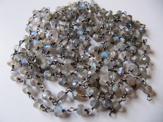 Natural Labradorite Rondelle Faceted 3-4mm Beaded Rosary Chain Wholesale Prices Jewelry Making Gemstone chain Handmade chain sold by Foot