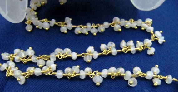 Natural Rainbow moonstone Dangling Chain Rondelle Faceted Beaded Cluster Chain 3-4mm Size Moonstone Bead Chain Wholesale Price Sold Per Foot