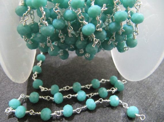 3- Feet Amazonite Rondelle Faceted Size 6mm wire wrapped Hydro Quartz Beaded Rosary Chain Wholesale Prices Jewelry Making Gemstone chain