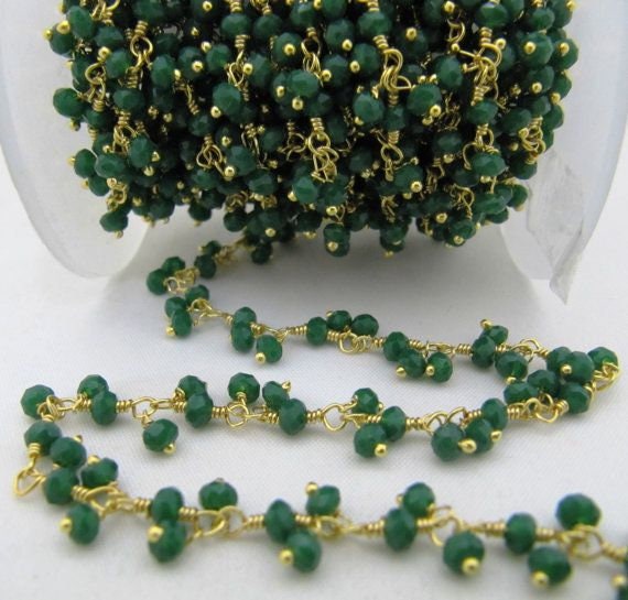 Emerald Hydro Quartz Rondelle Faceted Beaded Dangling Thick Chain 3mm Size Green Hydro Quartz Bead Rosary Chain sold per foot