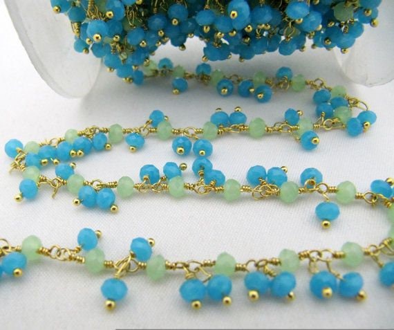 3 Ft- Green And Aqua Chalcedony Rondelle Faceted Beaded Dangling Thick Chain 3mm Size Green Hydro Quartz Bead Rosary Chain Wholesale Prices