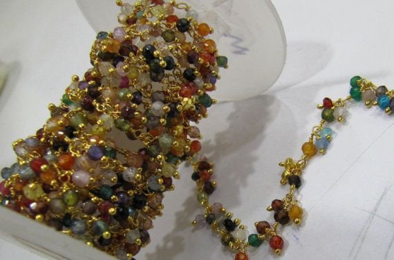 Multi Color Cubic Zirconia Rondelle Faceted 3-4mm Beaded Rosary Wire Wrapped Dangling Chain Wholesale Prices Jewelry sold per foot