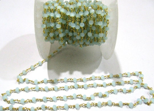 3- Feet Aqua Chalcedony Rondelle Faceted Size 3-4mm Hydro Quartz Beaded Wire Wrapped Rosary Chain Wholesale Prices Jewelry Making chain