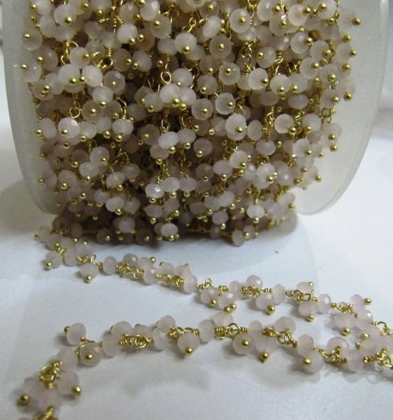 Rose Quartz Dangling Chain Rondelle Faceted Beaded Cluster Chain 3mm Size Hydro Quartz Bead Chain Wholesale Price gemstone sold per foot