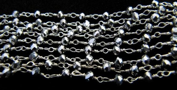 Silver Pyrite 3mm Hydro Quartz Rondelle Faceted Beaded Rosary Wire Wrapped Aati Beaded chain Wholesale Price sold per foot