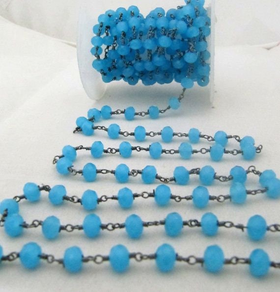 3 Foot-Natural Aqua Blue Chalcedony Rondelle Faceted wire wrapped Aati 6mm Hydro quartz beaded Rosary chain High Quality Wholesale Price
