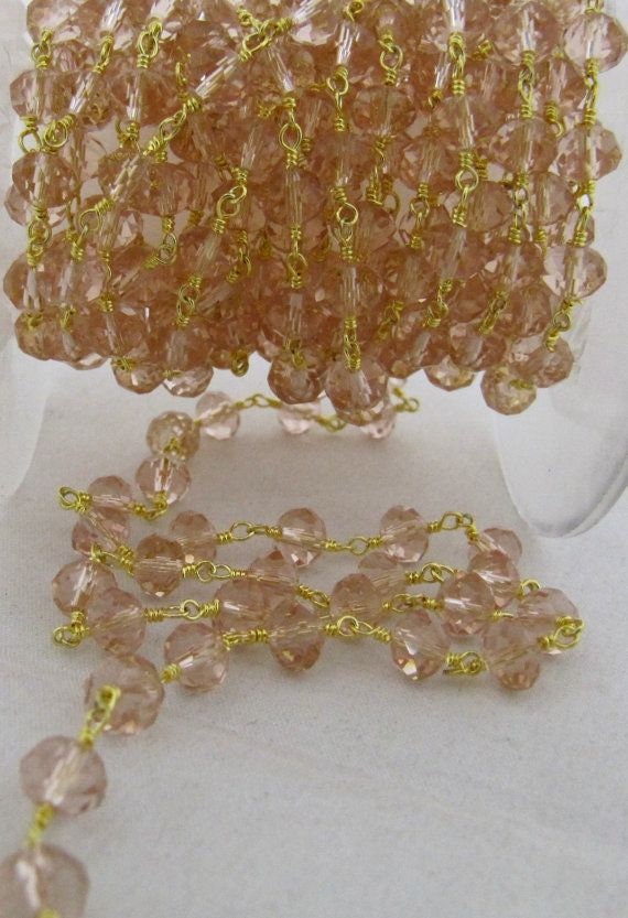 3 Foot-Natural Pink Quartz Rondelle Faceted wire wrapped Aati 6mm Hydro quartz beaded Rosary chain High Quality Wholesale Price