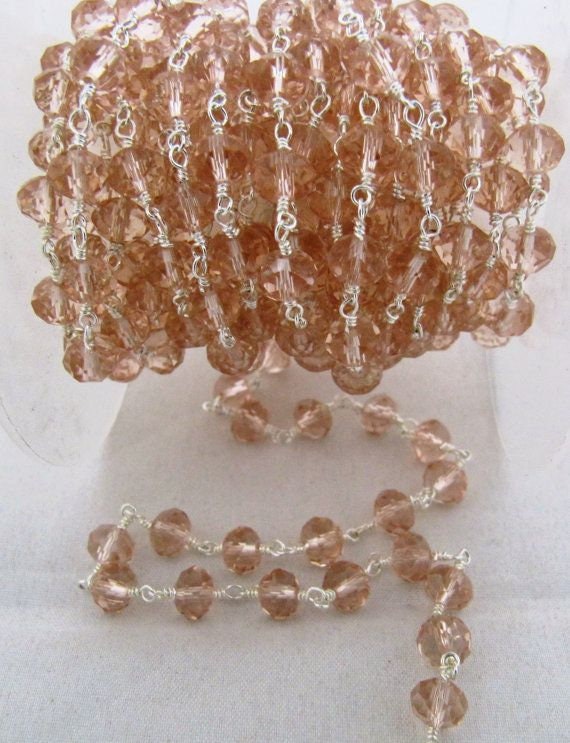 3 Foot-Natural Pink Quartz Rondelle Faceted wire wrapped Aati 6mm Hydro quartz beaded Rosary chain High Quality Wholesale Price