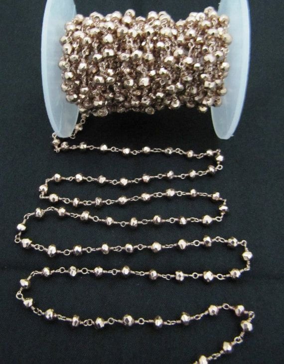 3 Feet-Copper Pyrite 3-4mm Size Rondelle Faceted Beaded Rosary Wire Wrapped Aati Beaded chain Wholesale Price Jewelry Making Pyrite Chain