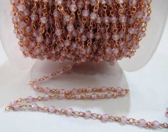Pink CZ Rosary Chain Rondelle Faceted Beaded 3mm Size Cubic Zirconia Beads chain Jewelry Making Chain sold per foot