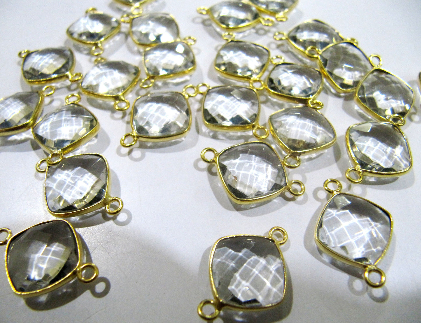 2Pcs Set Natural Rock Crystal Cushion Shape 11mm Briolette Connector Genuine Crystal Quartz Bezel Connector Double Loop Wholesale Prices