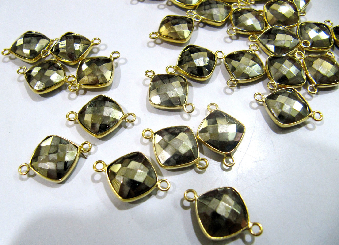 Natural Pyrite Briolette Faceted 11mm Cushion Shape Connector Charm Double Loop Top Quality Jewelry Making Connector sold per piece