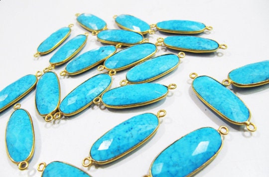 Natural and Genuine Turquoise Magnesite Oval Shape 22x27mm Briolette Connector Double Loop Semi Precious Gemstone Bezel Per Piece