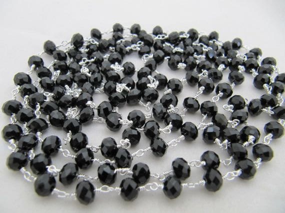 3 Ft- Black Spinel Beaded Rosary Chain Hydro Quartz Rondelle Faceted 6mm Black Onxy Beads Wire Wraped Aati Chain Wholesale Prices